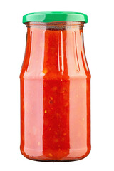 Canned hot tomato sauce in a jar isolated on a white background.