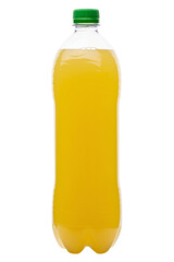 Yellow soda pop or soft drink in plastic bottle isolated on white background.