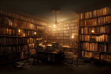 Atmospheric old large library with many books  - Concept Art Games - obrazy, fototapety, plakaty