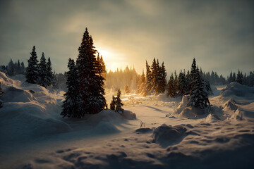 Wonderful winter snow landscape with fir trees and snow