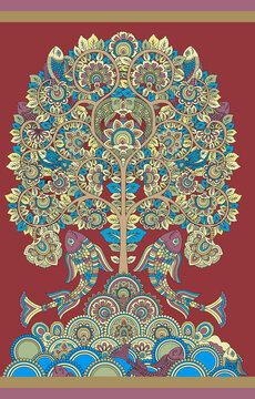 Pen Kalamkari Digital Frame And Fabric Design  