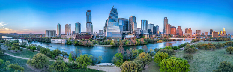 Large park and cityscape with Colorado River in between at Austin, Texas