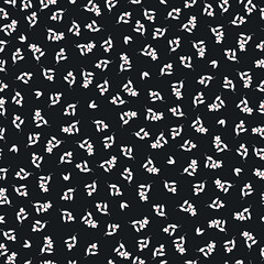 Simple vintage pattern. small white flowers and leaves . black  background. Fashionable print for textiles and wallpaper.