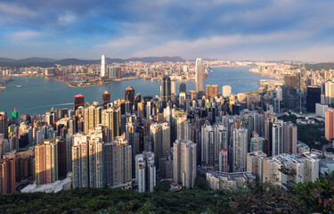 Hong Kong at day, China skyline - aerial view - obrazy, fototapety, plakaty