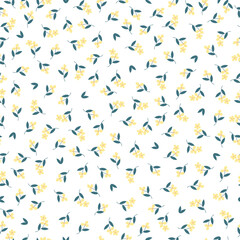 Fototapeta na wymiar Simple vintage pattern. small yellow flowers, green leaves . white background. Fashionable print for textiles and wallpaper.