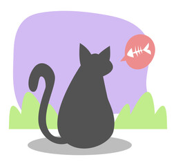Fototapeta na wymiar black cat illustration back view hungry. fishbone icon. purple and grass background. concept of pets, animals, food, etc. flat vector. cute, doodle character style.