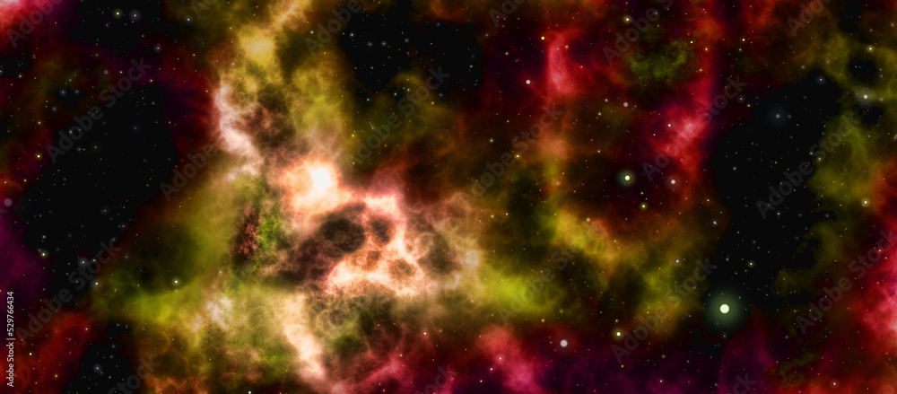 Wall mural star field voyage with red and green cosmic space nebula, digital art illustration work.