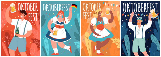 Oktoberfest. Diver people in national German costumes drink beer and have fun at the party. Vector hand drawn illustration. Long horizontal banner with space for text.