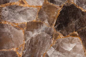 Smoky quartz stones on slab for interior, exterior design decoration, ceramic wall, floor digital tiles. Gemstone background. Matt semi precious mineral pattern. Semiprecious dark material texture.
