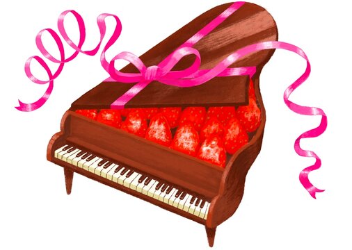 パステル風で、チョコレートで作ったグランドピアノの中に苺が沢山入った可愛いスイーツ