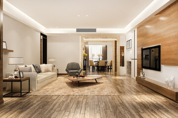 3d rendering modern dining room and living room with luxury decor