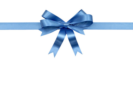 Blue gift ribbon and bow straight horizontal border isolated transparent background photo PNG file