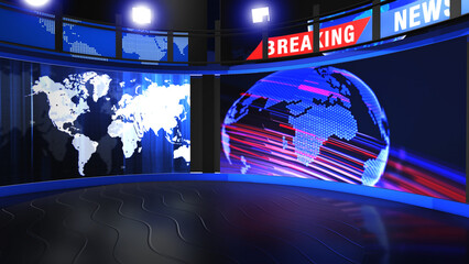 3D Virtual TV Studio News, Backdrop For TV Shows .TV On Wall.3D Virtual News Studio Background,3d illustration	