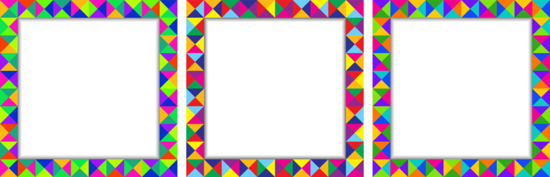 Birthday frames collection. Colorful bright geometric backgrounds set. Vector patterns. Geometric frames collection.