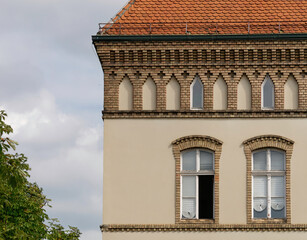 Front view of two vintage-style windows beneath red roof tiles with the plant next to it 