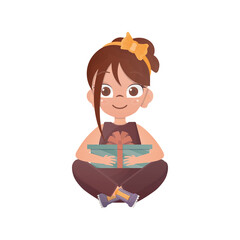 A happy girl sits in a lotus position and holds a gift box in her hands. Cartoon style.  .