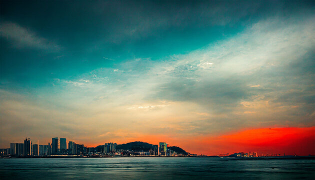 Busan cityscape ocean evening colorful cloudy sky view