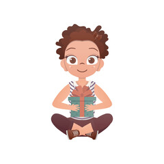 A happy girl sits in a lotus position with a gift in her hands. Cartoon style.