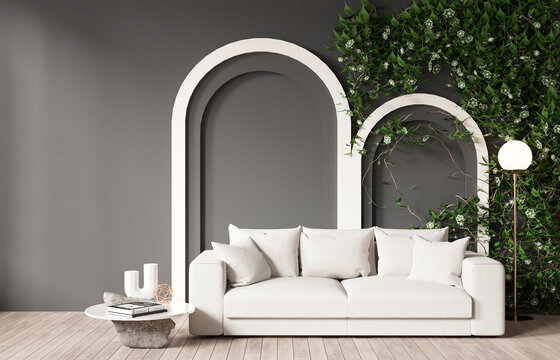 Mock-up interior design of a living room in a modern style. Wooden floor, dark gray wall with plants. Furnished with white sofa and coffee table. 3d rendering	