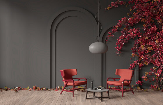 Mock-up interior design of a living room in a modern style. Wooden floor, dark gray wall with plants. Furnished with two red chairs and coffee table. 3d rendering	