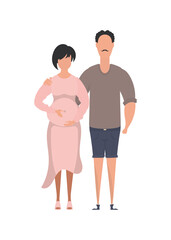Man and pregnant woman in full growth.   Happy pregnancy concept. Vector in cartoon style.