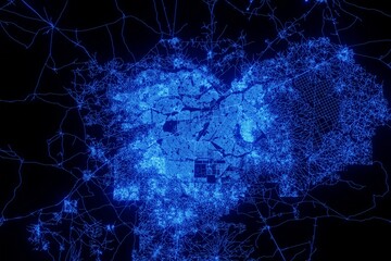 Street map of Ouagadougou (Burkina Faso) made with blue illumination and glow effect. Top view on roads network