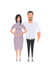 The man and the pregnant woman are depicted in full growth.   Happy pregnancy concept. Vector in cartoon style.