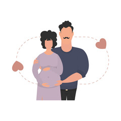 A pregnant woman with her husband waist-deep.   Happy pregnancy concept. Vector in cartoon style.