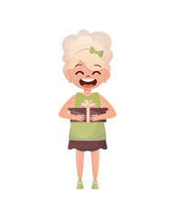 Cute little girl holding a gift box with a bow in her hands.   Flat style.