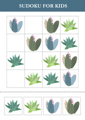 Sudoku for kids with cartoon cacti. Logical game for kids. Puzzle for preschoolers.