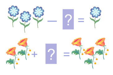Arithmetic examples for kids with plants. Addition and subtraction.