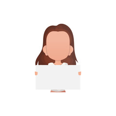 Little child girl holding a blank sheet of paper.   Cartoon style.