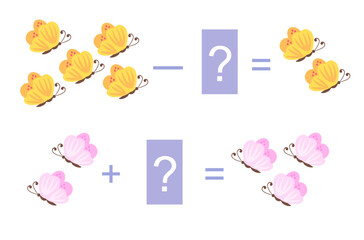 Arithmetic examples for kids with butterflies. Addition and subtraction.