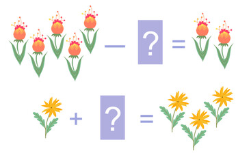Arithmetic examples for kids with garden flowers. Addition and subtraction.
