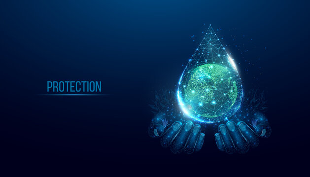 Two human hands are holds Planet Earth in water drop. World water day, Protection environmental, Ecology concept.