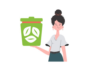 The woman is depicted waist-deep and holding a trash can in her hand. The concept of ecology and recycling.     Flat trendy style.