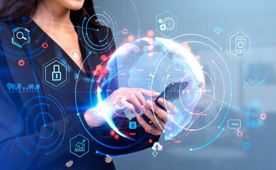 Businesswoman hands using smartphone, earth globe and digital icons hologram