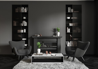 Grey chill interior with chairs, fireplace and shelf. Mockup empty wall