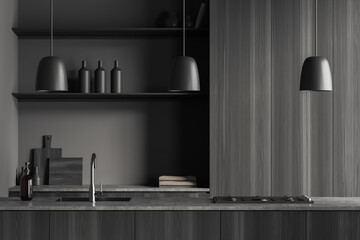 Grey cooking interior with countertop, sink and shelves - obrazy, fototapety, plakaty