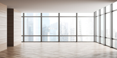 Light empty hall with panoramic window on Singapore skyscrapers