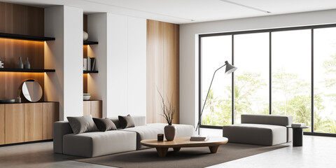 Fototapeta Light relax room interior with sofa and stylish decoration, panoramic window obraz