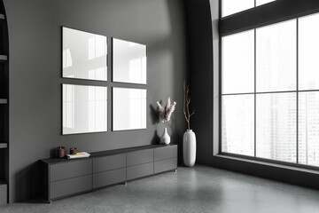 Grey living room interior with sideboard and panoramic window, mockup frames