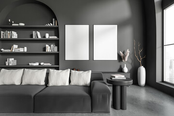 Dark living room interior with two empty white posters