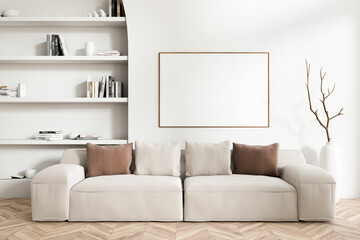 Light relax interior with couch and stylish decoration on shelf. Mockup frame