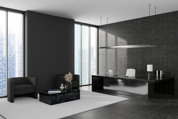 Grey office interior with work desk, lounge zone and window. Mockup empty wall