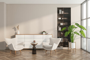 Light chill room interior with panoramic window. Mockup empty wall