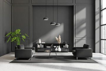 Grey meeting room interior with soft chairs and sideboard, panoramic window
