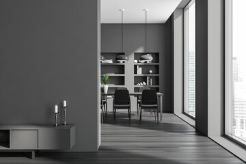 Grey guest room interior with chairs and drawer, panoramic window. Mockup wall