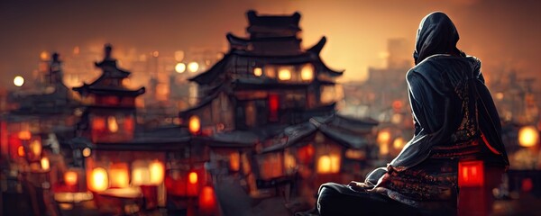 Silhouette in on rooftop, ancient oriental night