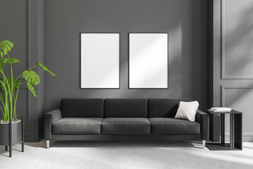Grey living room interior with couch and plant. Mockup frames